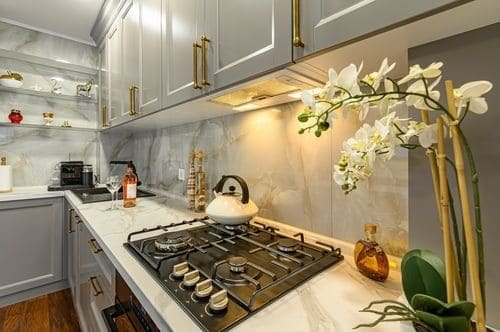 Detail of a marble kitchen counter and gold fixtures in a professionally photographed Tampa Bay home